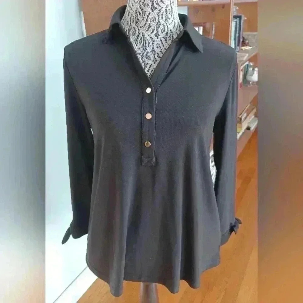 Anne Klein Black Top Medium Gold Button Front Detail with Cute Knotted Sleeves